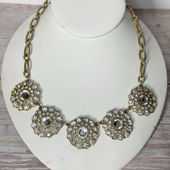 J Crew Sparkling Clear Crystal Necklace Gold Tone Round Clusters Chunky Chain - Picture 4 of 10